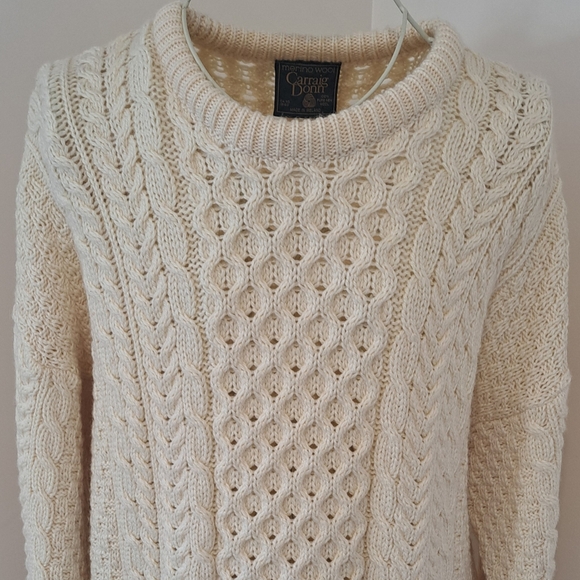 Vintage Carraig Donn Merino Wool Ivory Cable Knit Sweater, Size Large. - Picture 2 of 9